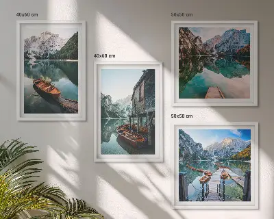 Set de cuadros modernos para salón con paisajes de lago, montañas, barcos y cabaña