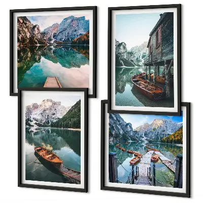 Set de cuadros modernos para salón con paisajes de lago, montañas, barcos y cabaña