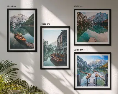 Set de cuadros modernos para salón con paisajes de lago, montañas, barcos y cabaña