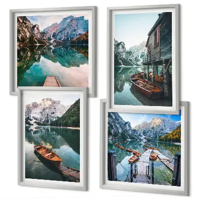 Set de cuadros modernos para salón con paisajes de lago, montañas, barcos y cabaña