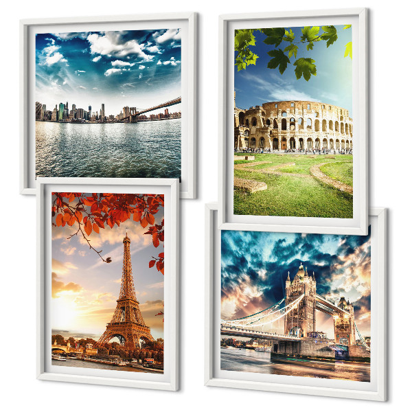 Set de 4 cuadros para salón Monumentos de Europa en colores cálidos