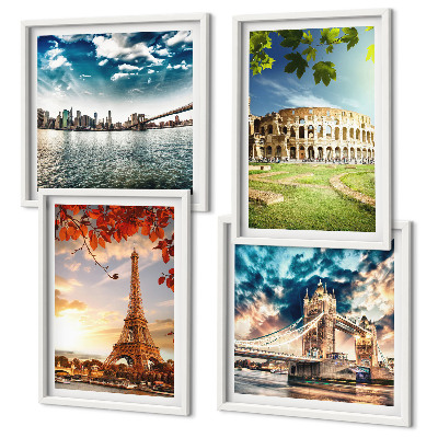 Set de 4 cuadros para salón Monumentos de Europa en colores cálidos