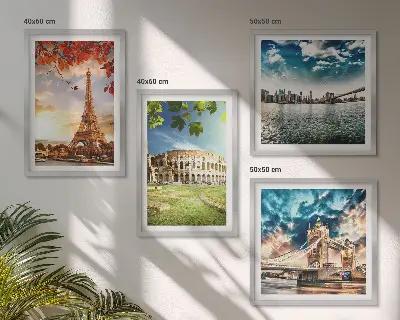 Set de 4 cuadros para salón con monumentos de Europa en colores cálidos