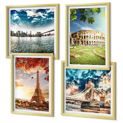 Set de 4 cuadros para salón con monumentos de Europa en colores cálidos