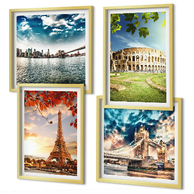 Set de 4 cuadros para salón Monumentos de Europa en colores cálidos