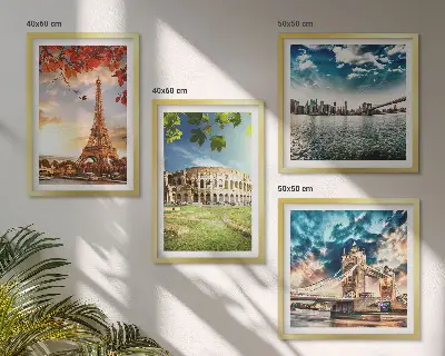 Set de 4 cuadros para salón con monumentos de Europa en colores cálidos