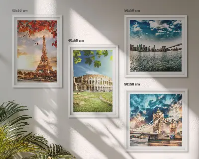 Set de 4 cuadros para salón con monumentos de Europa en colores cálidos