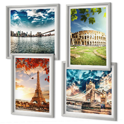 Set de 4 cuadros para salón Monumentos de Europa en colores cálidos