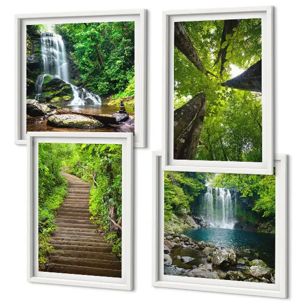Set de cuadros modernos para salón con diseño de sendero en bosque con cascada y vegetación