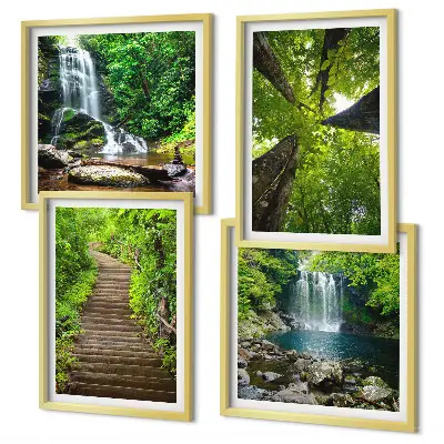 Set de cuadros modernos para salón con diseño de sendero en bosque con cascada y vegetación