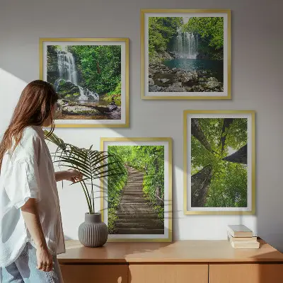 Set de cuadros modernos para salón con diseño de sendero en bosque con cascada y vegetación