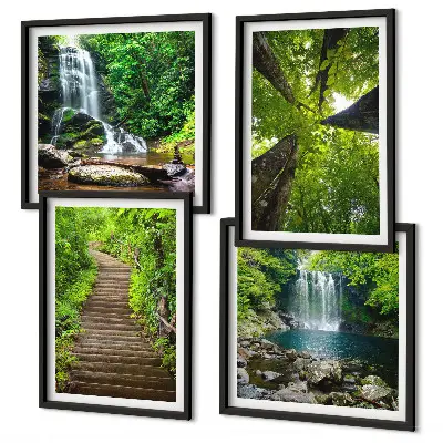 Set de cuadros modernos para salón con diseño de sendero en bosque con cascada y vegetación