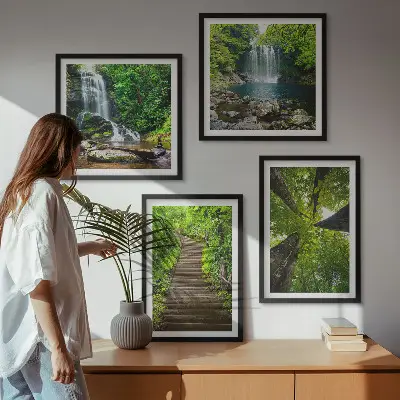 Set de cuadros modernos para salón con diseño de sendero en bosque con cascada y vegetación