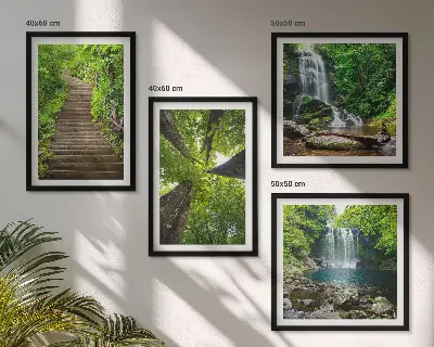 Set de cuadros modernos para salón con diseño de sendero en bosque con cascada y vegetación