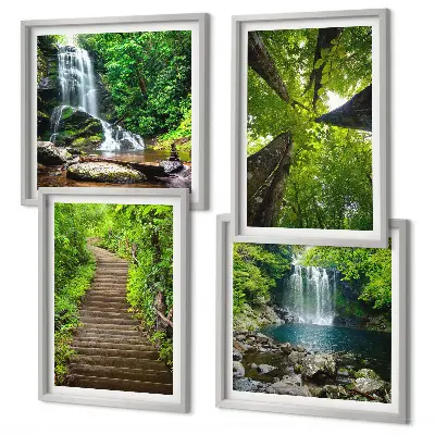 Set de cuadros modernos para salón con diseño de sendero en bosque con cascada y vegetación