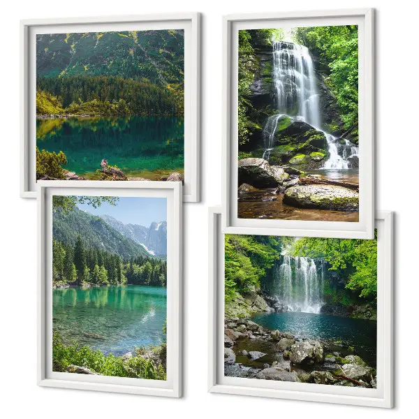 Set de 4 cuadros para salón diseño de cascadas en un entorno verde