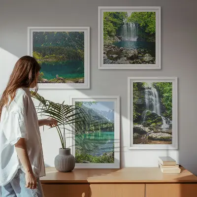 Set de 4 cuadros para salón diseño de cascadas en un entorno verde