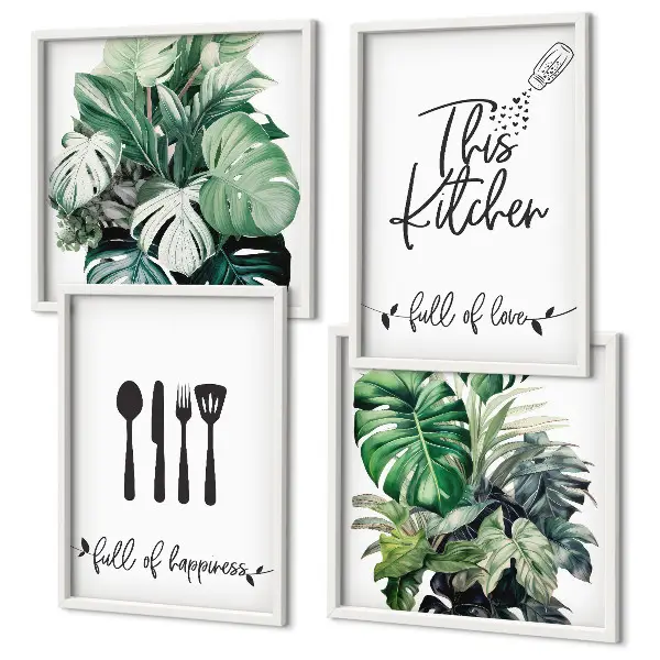 Set de cuadros modernos para salón con diseños de hojas y utensilios de cocina