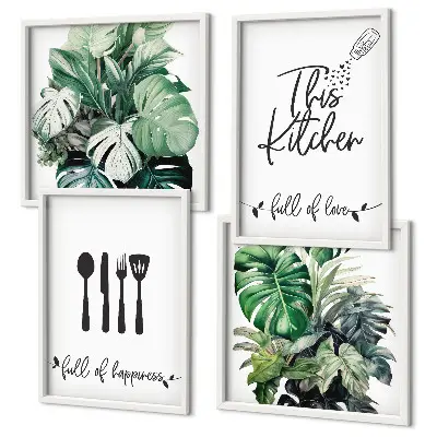 Set de cuadros modernos para salón con diseños de hojas y utensilios de cocina