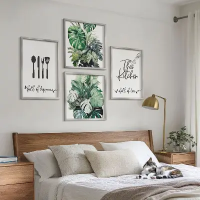 Set de cuadros modernos para salón con diseños de hojas y utensilios de cocina