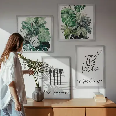Set de cuadros modernos para salón con diseños de hojas y utensilios de cocina