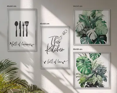Set de cuadros modernos para salón con diseños de hojas y utensilios de cocina