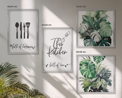 Set de cuadros modernos para salón Hojas con diseños de utensilios de cocina