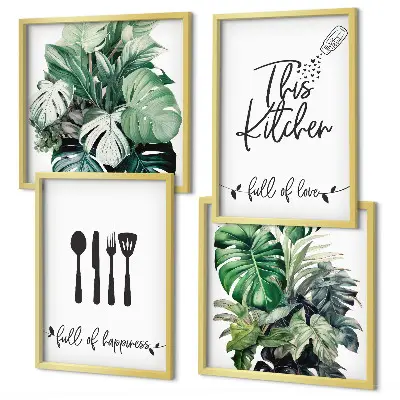 Set de cuadros modernos para salón con diseños de hojas y utensilios de cocina