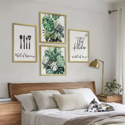Set de cuadros modernos para salón con diseños de hojas y utensilios de cocina