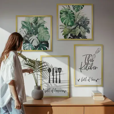 Set de cuadros modernos para salón con diseños de hojas y utensilios de cocina