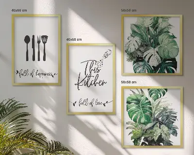 Set de cuadros modernos para salón con diseños de hojas y utensilios de cocina