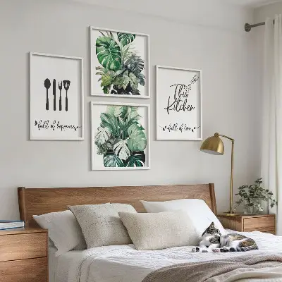 Set de cuadros modernos para salón con diseños de hojas y utensilios de cocina