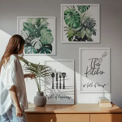 Set de cuadros modernos para salón con diseños de hojas y utensilios de cocina