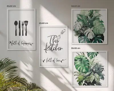 Set de cuadros modernos para salón con diseños de hojas y utensilios de cocina