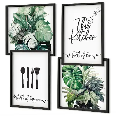 Set de cuadros modernos para salón con diseños de hojas y utensilios de cocina