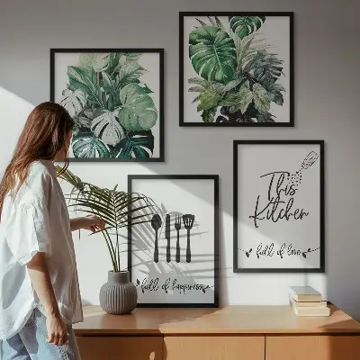 Set de cuadros modernos para salón con diseños de hojas y utensilios de cocina