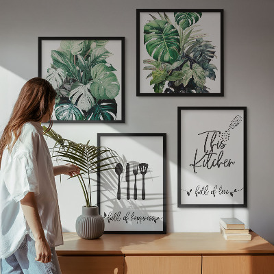 Set de cuadros modernos para salón Hojas con diseños de utensilios de cocina