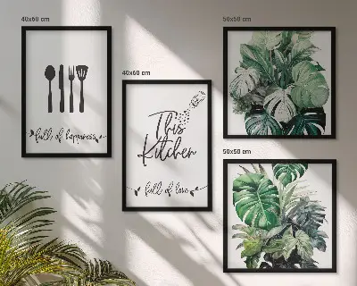 Set de cuadros modernos para salón con diseños de hojas y utensilios de cocina