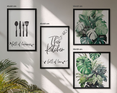 Set de cuadros modernos para salón Hojas con diseños de utensilios de cocina