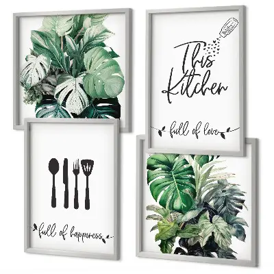 Set de cuadros modernos para salón con diseños de hojas y utensilios de cocina