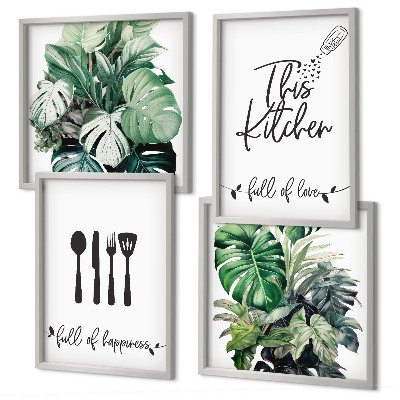 Set de cuadros modernos para salón Hojas con diseños de utensilios de cocina