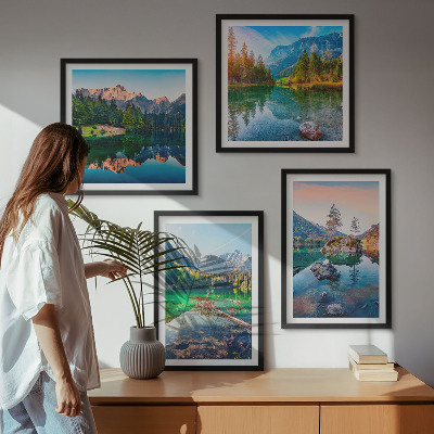 Set de 4 cuadros para salón paisaje natural de lagos de montaña