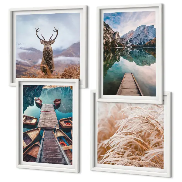 Set de 4 cuadros para salón con paisajes de lago, barcos, ciervos y montañas
