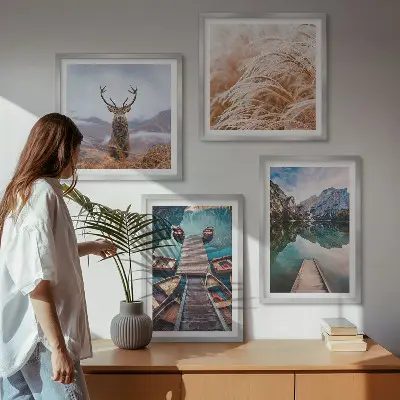 Set de 4 cuadros para salón con paisajes de lago, barcos, ciervos y montañas