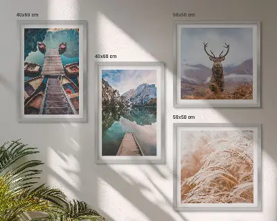 Set de 4 cuadros para salón con paisajes de lago, barcos, ciervos y montañas