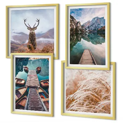 Set de 4 cuadros para salón con paisajes de lago, barcos, ciervos y montañas