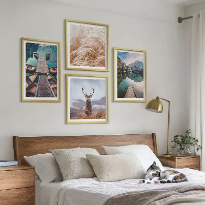 Set de 4 cuadros para salón con paisajes de lago, barcos, ciervos y montañas