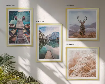 Set de 4 cuadros para salón con paisajes de lago, barcos, ciervos y montañas
