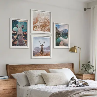 Set de 4 cuadros para salón con paisajes de lago, barcos, ciervos y montañas