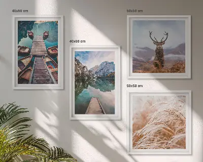 Set de 4 cuadros para salón con paisajes de lago, barcos, ciervos y montañas